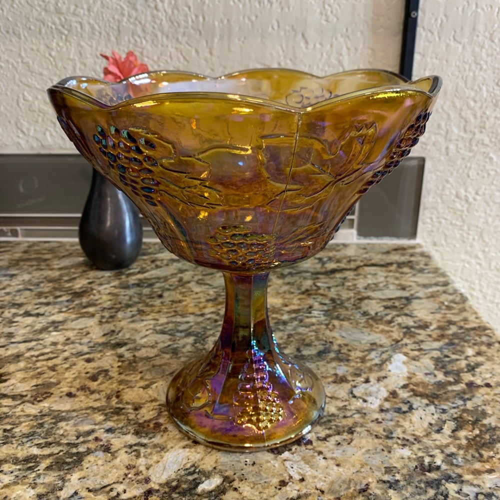 Iridescent Carnival Glass Pedestal Fruit Bowl